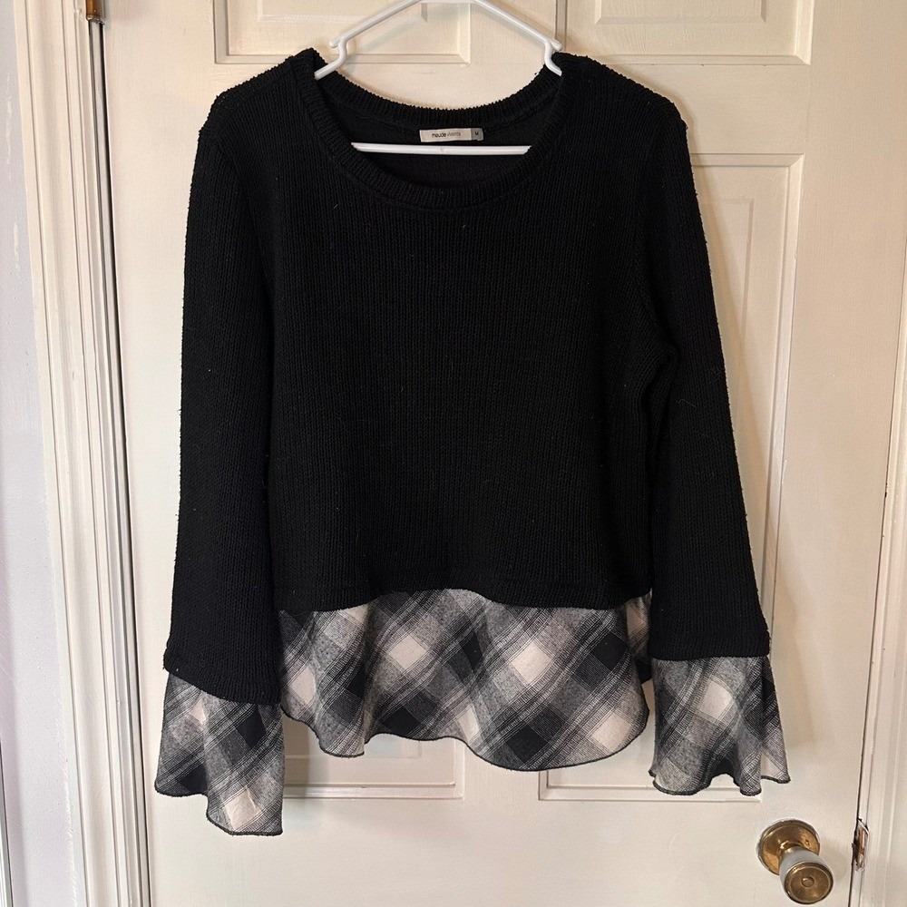 Maude Vivante Plaid Layered Top Ruffle Bell‎ Sleeve Knit Black White Sweater M